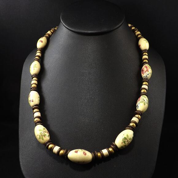 Vintage Porcelain Artisan Necklace, Floral Beads Leather, 1970s Vintage Jewelry - Picture 7 of 10